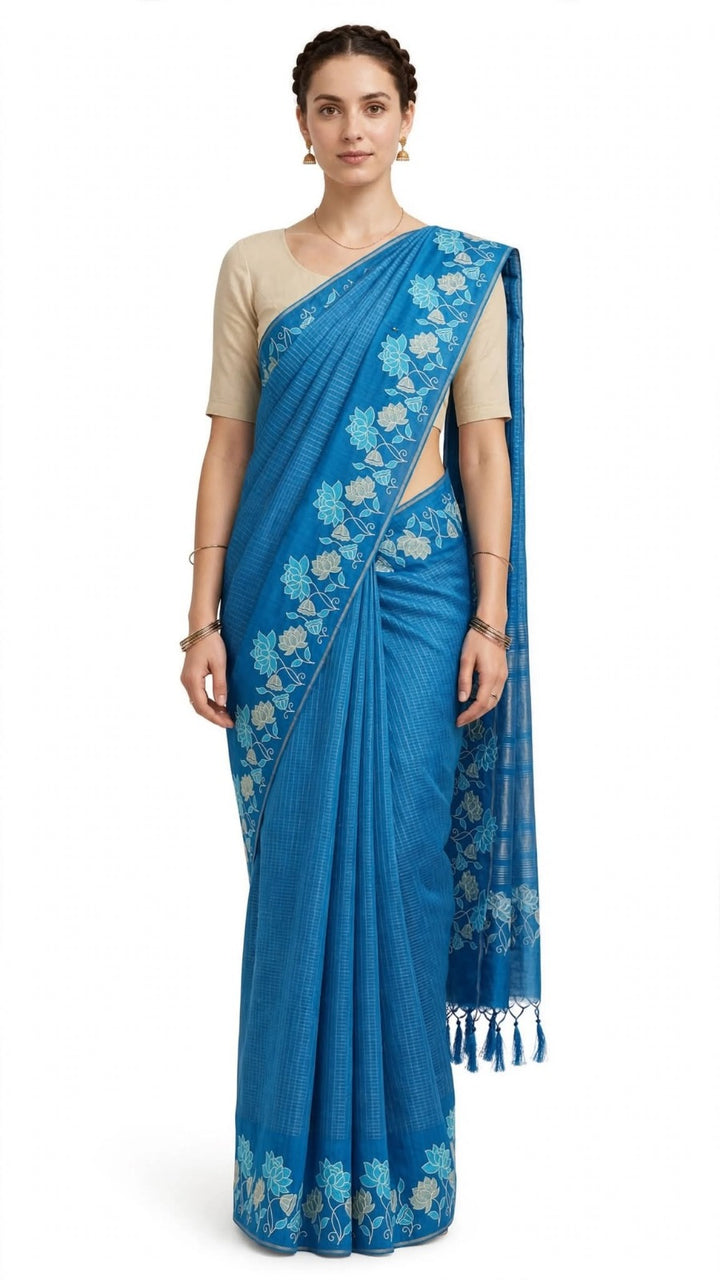 Royal Blue Lotus Floral Border Saree