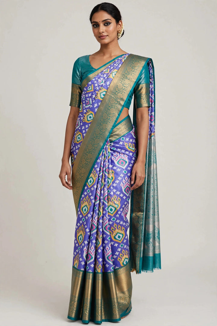 Tathastu Royal Blue &amp; Teal Ikat Print Zari Saree