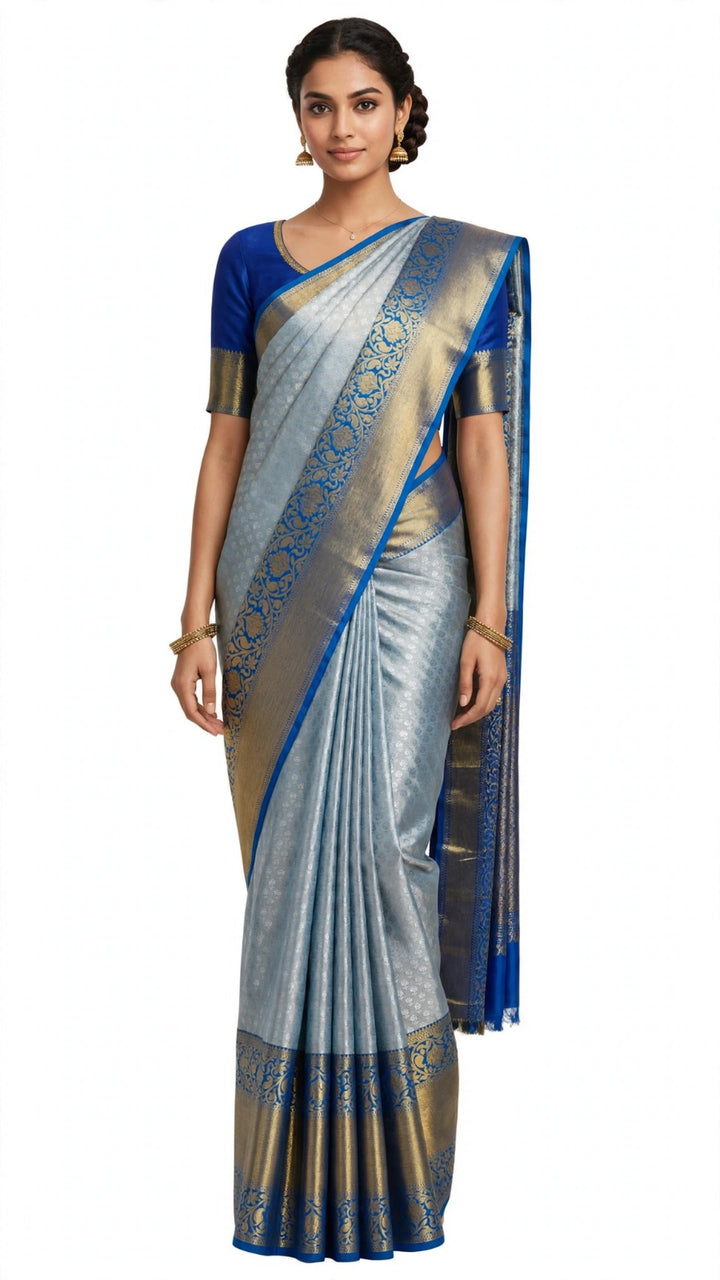 Royal Blue &amp; Silver Banarasi Saree