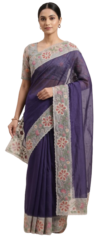 Deep Purple Floral Embroidered Saree