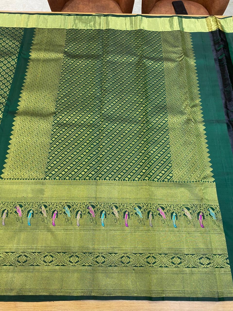 Bottle Green &amp; Antique Gold Silk Saree