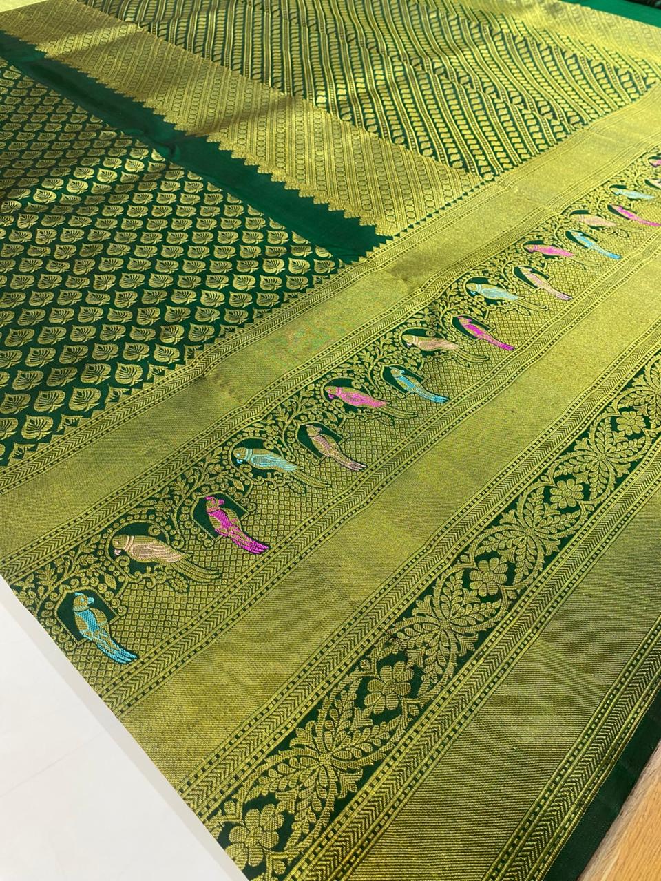 Bottle Green &amp; Antique Gold Silk Saree