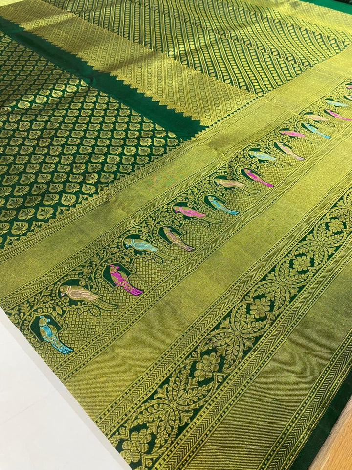 Bottle Green &amp; Antique Gold Silk Saree