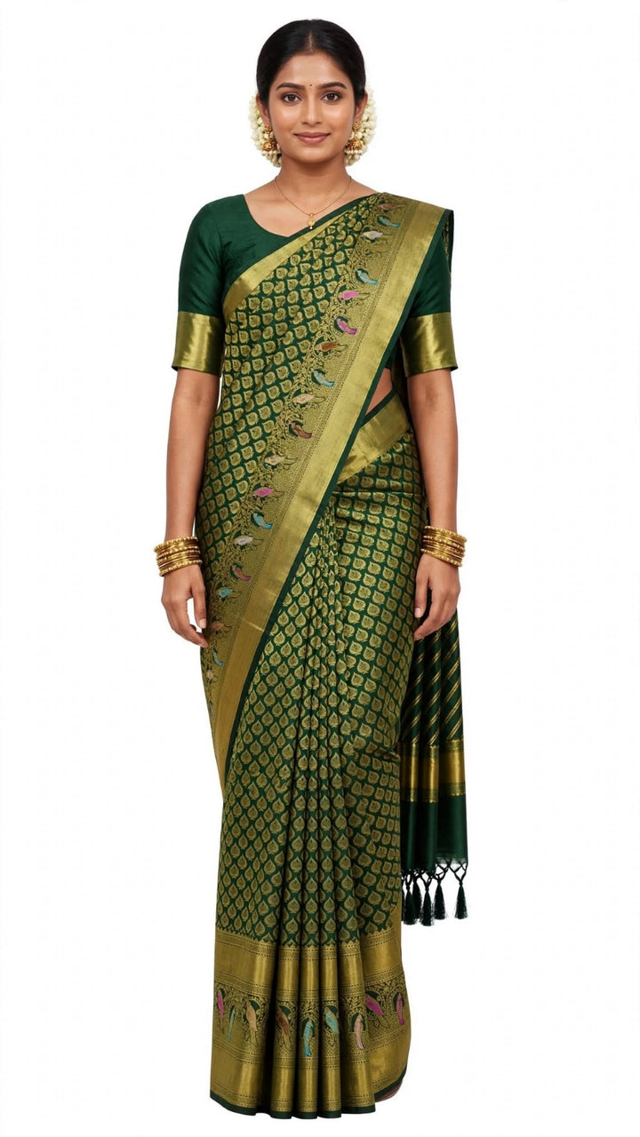 Bottle Green &amp; Antique Gold Silk Saree