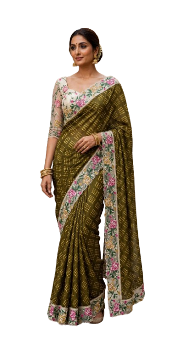 Olive Green Floral Printed Saree