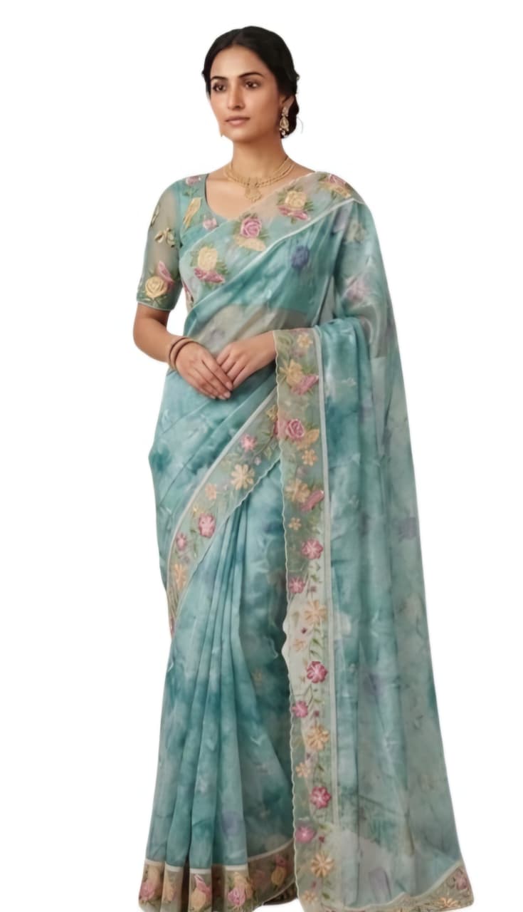 Tathastu Aqua Green Floral Saree