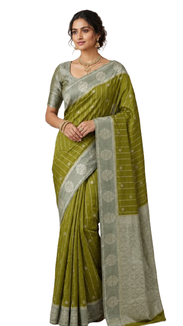 Tathastu Olive Green Floral Zari Saree