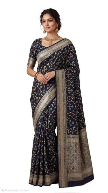 Tathastu Navy Blue Floral Vine Saree