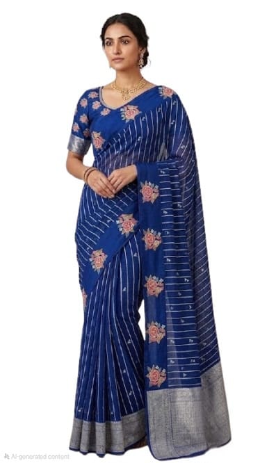 Tathastu Royal Blue Floral Stripe Saree