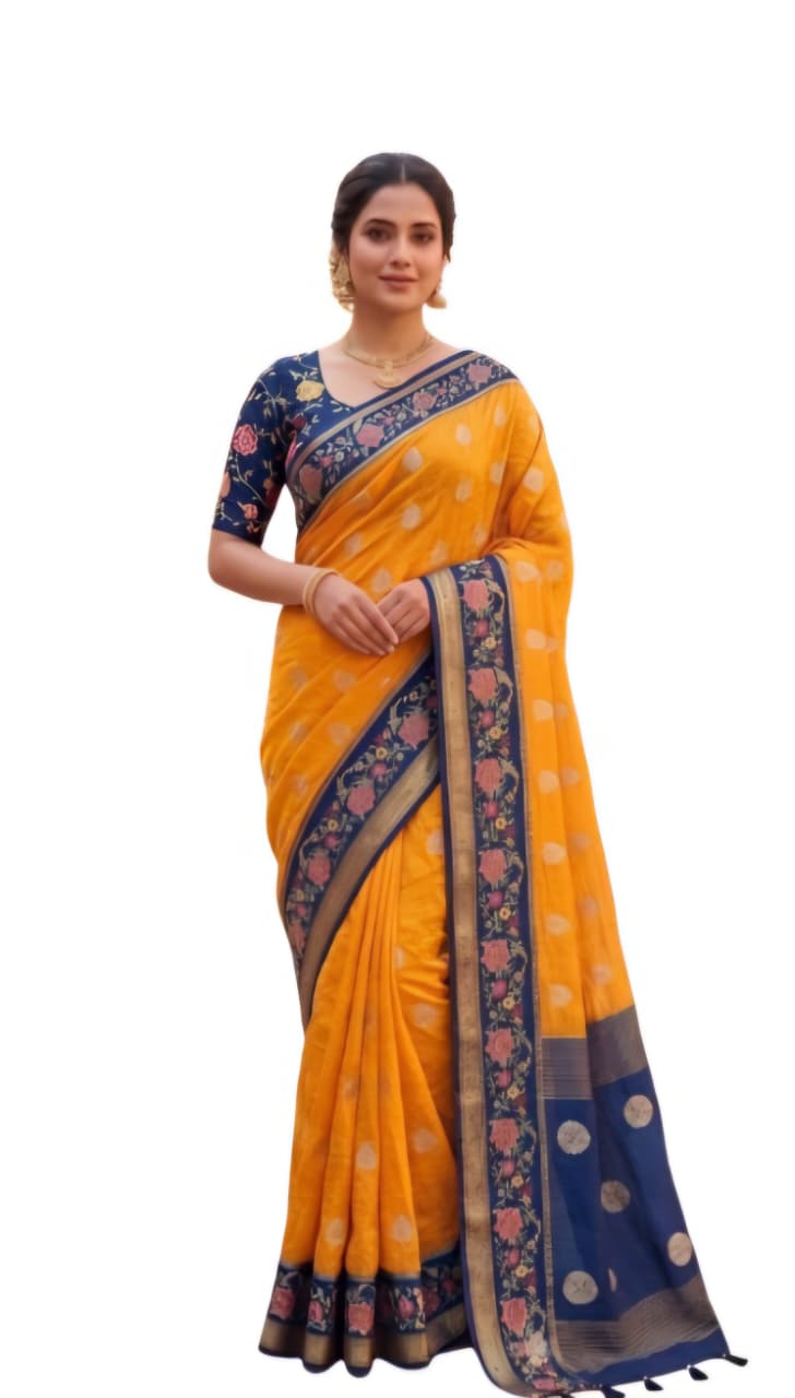 Tathastu Mustard Yellow Floral Border Saree