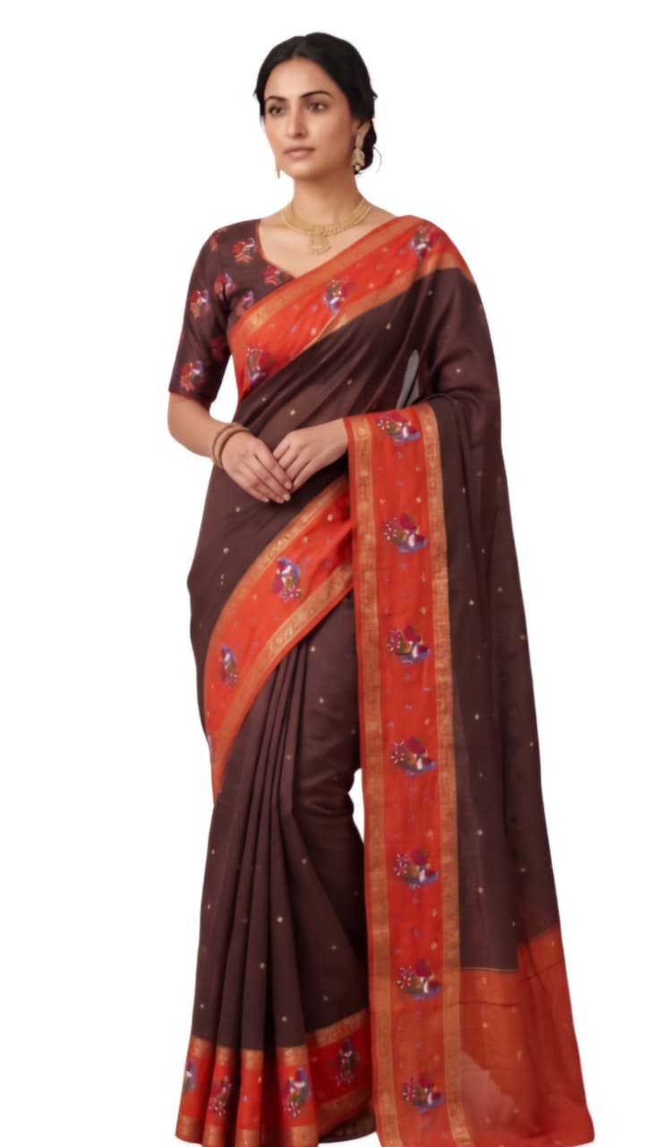 Tathastu Chocolate Brown &amp; Orange Floral Saree