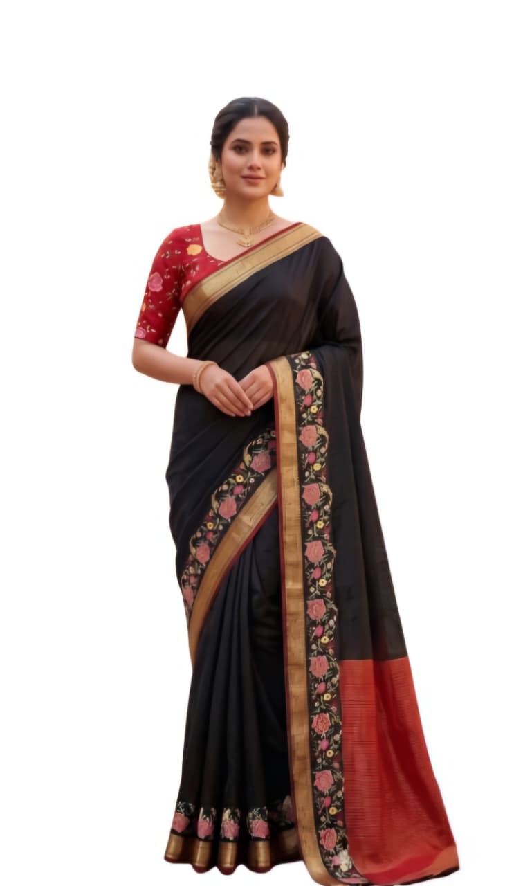 Tathastu Black Floral Border Saree