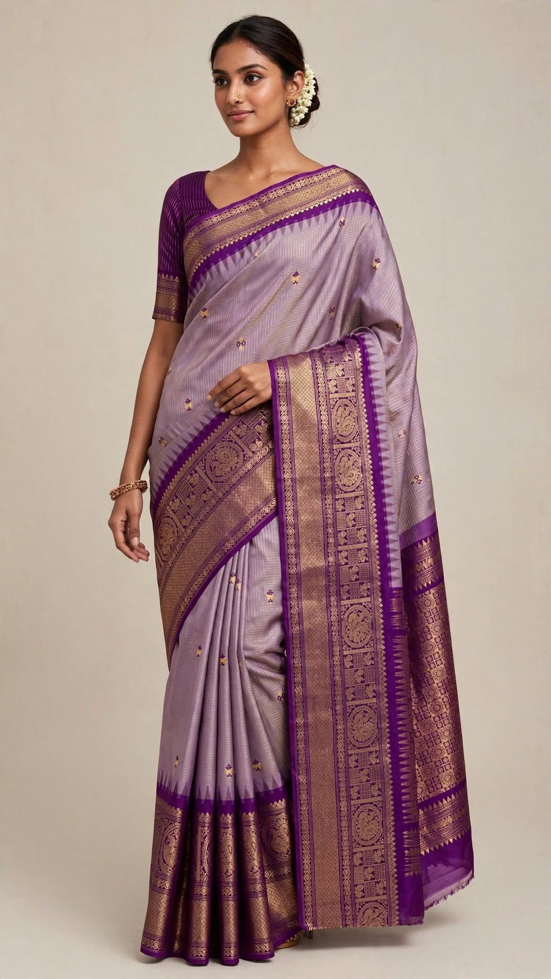 Lavender Purple &amp; Antique Gold Silk Saree