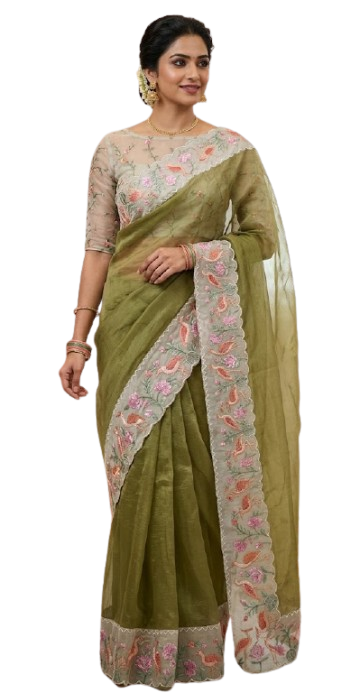 Olive Green Floral Embroidered Saree