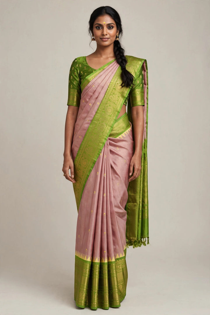Blush Pink &amp; Parrot Green Silk Saree