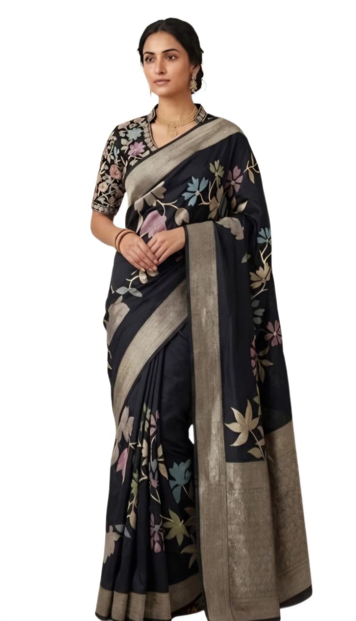 Tathastu Black Floral Print Saree