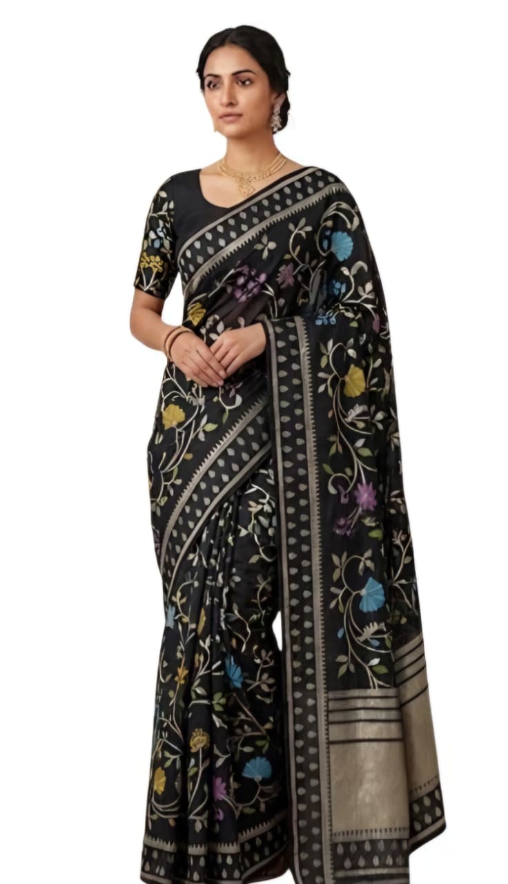 Tathastu Black Floral Printed Saree