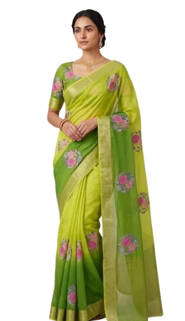 Tathastu Lime Green Floral Saree