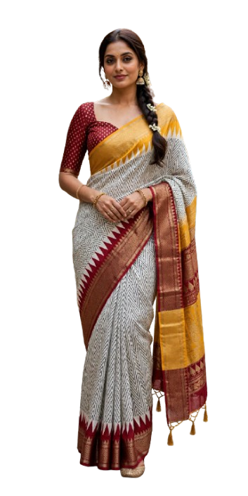 Tathastu White &amp; Mustard Printed Saree