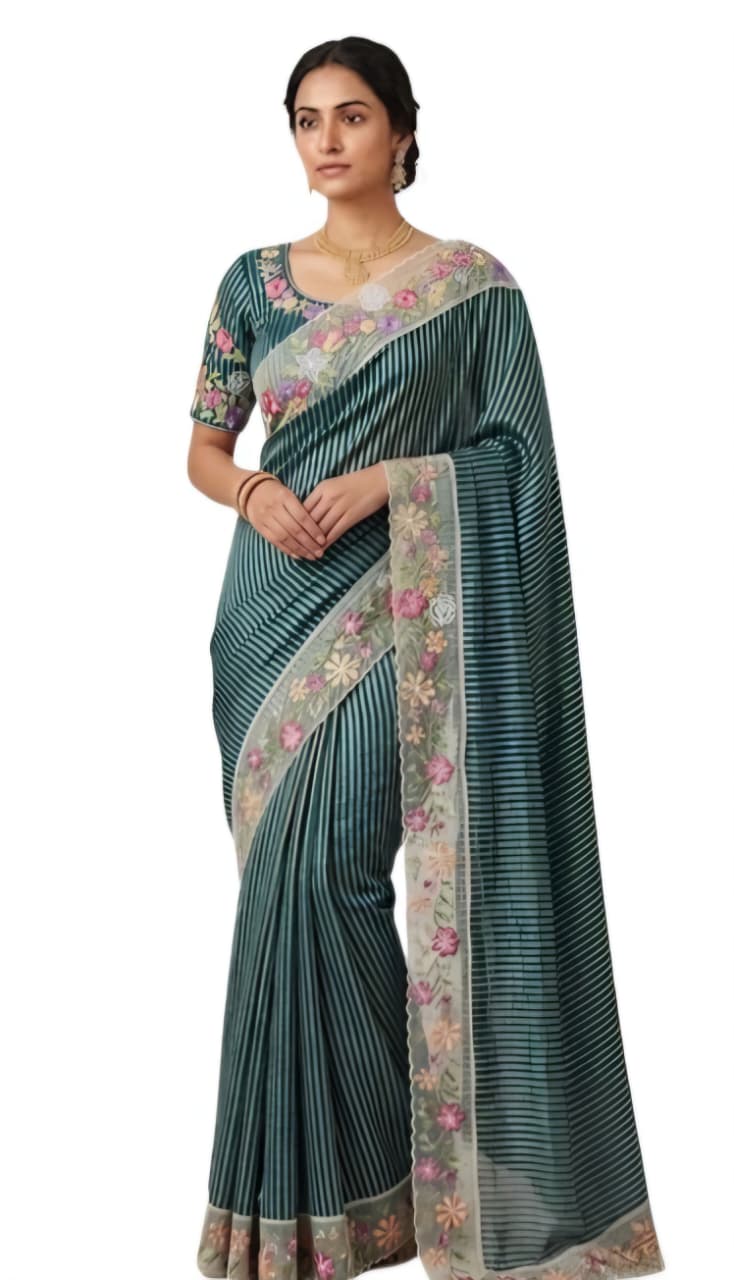 Tathastu Teal Green Floral Stripe Saree