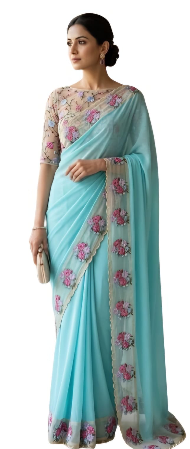 Aqua Blue Floral Saree