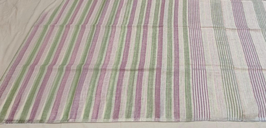 Pastel Green &amp; Lavender Striped Handloom Saree