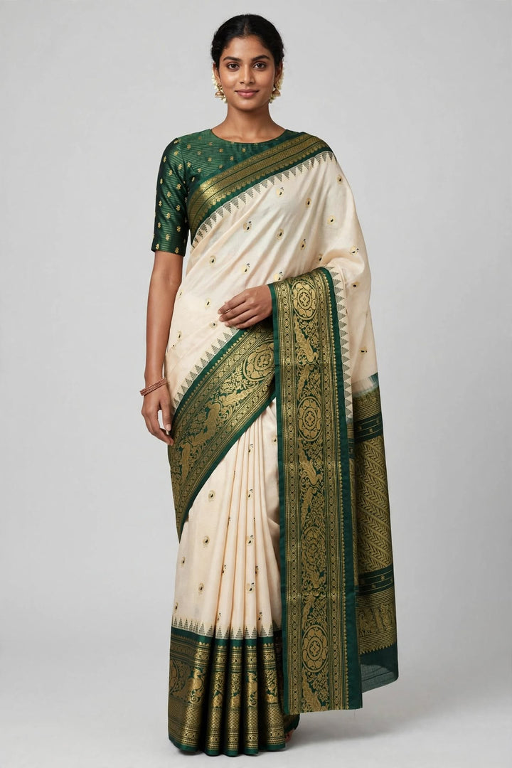 Ivory White &amp; Deep Green Silk Saree