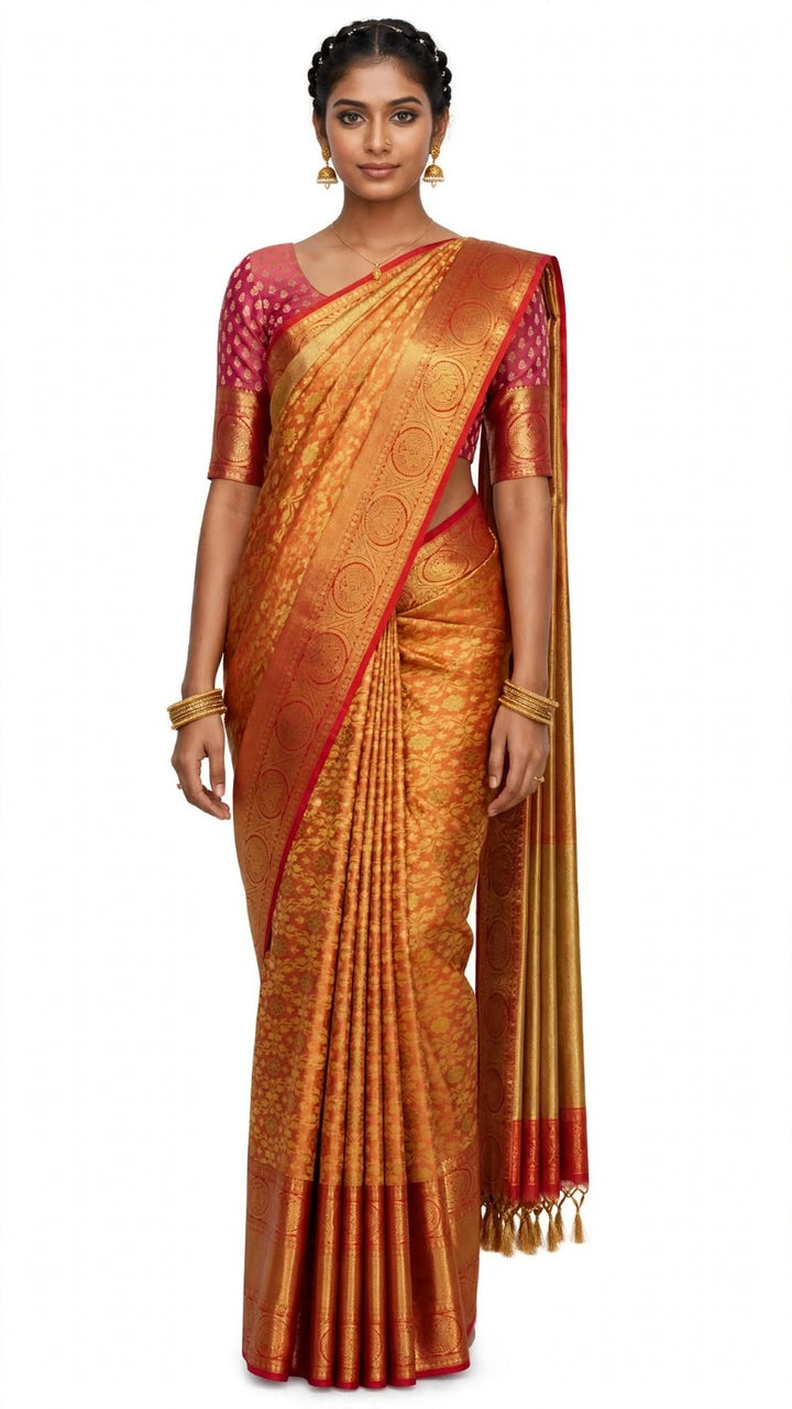 Rich Orange &amp; Maroon Banarasi Silk Saree