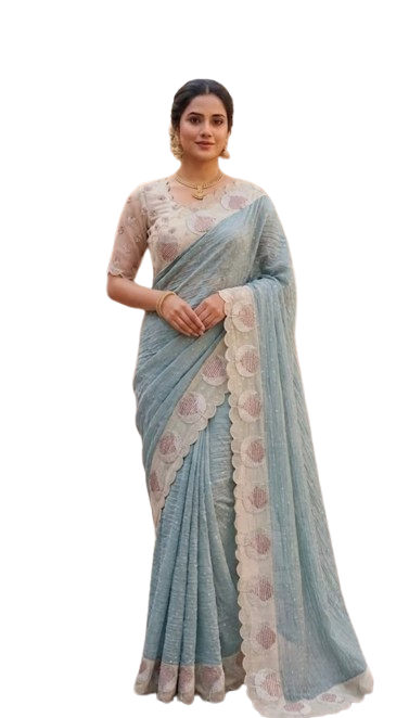 Pastel Blue Floral Embroidered Saree