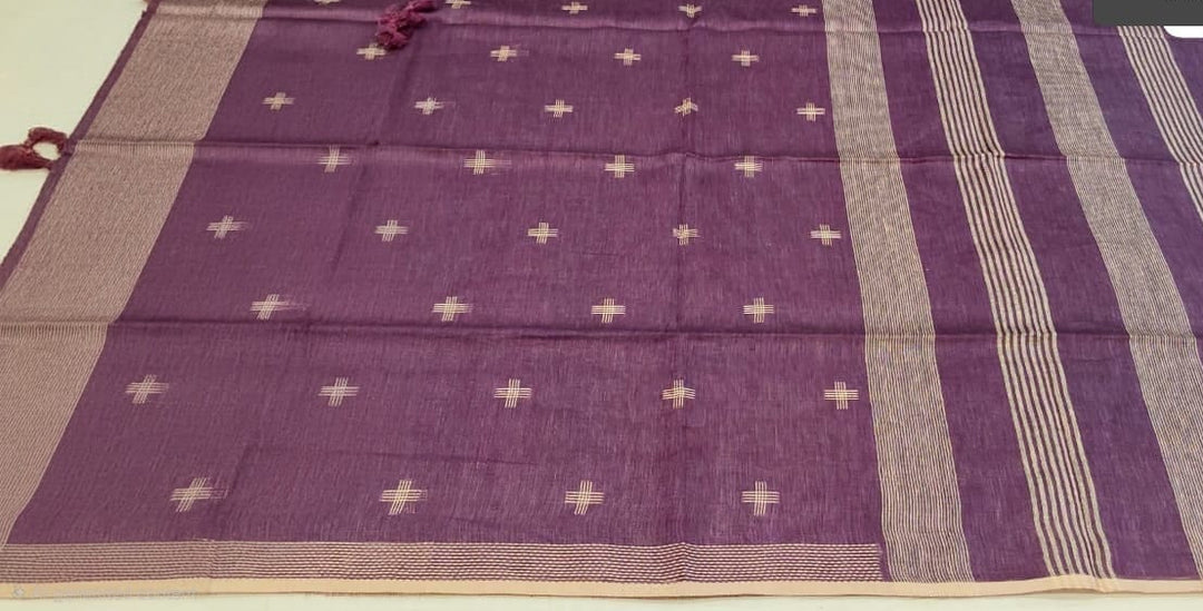 Deep Purple Handloom Saree with Gold Motifs &amp; Striped Pallu