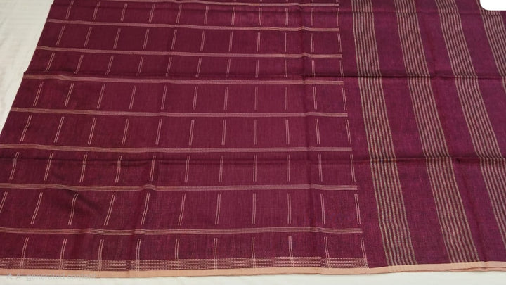 Wine Maroon Handloom Saree with Beige Stripes &amp; Tassel Pallu