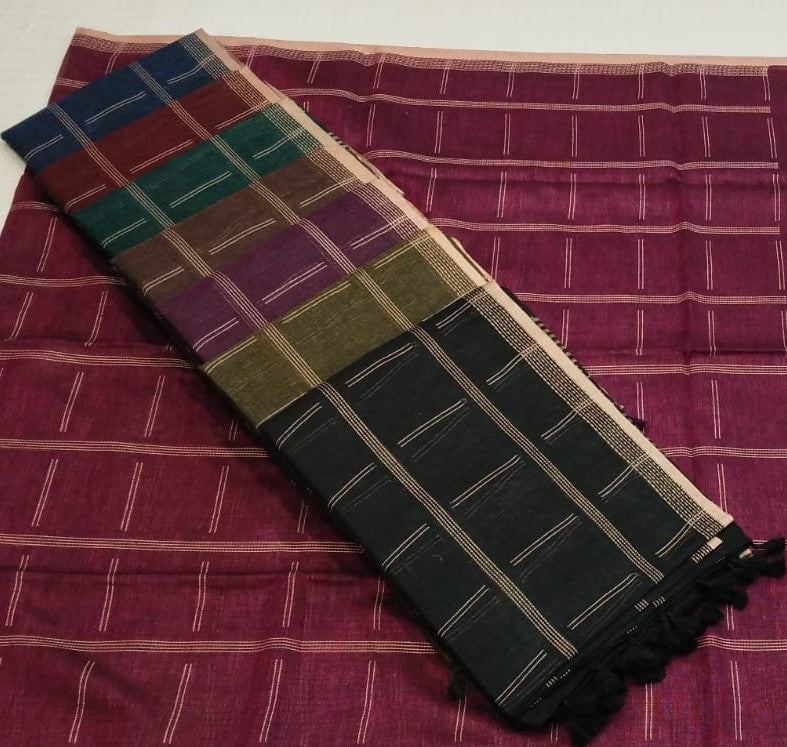 Wine Maroon Handloom Saree with Beige Stripes &amp; Tassel Pallu