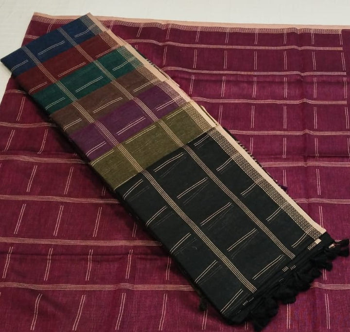 Wine Maroon Handloom Saree with Beige Stripes &amp; Tassel Pallu