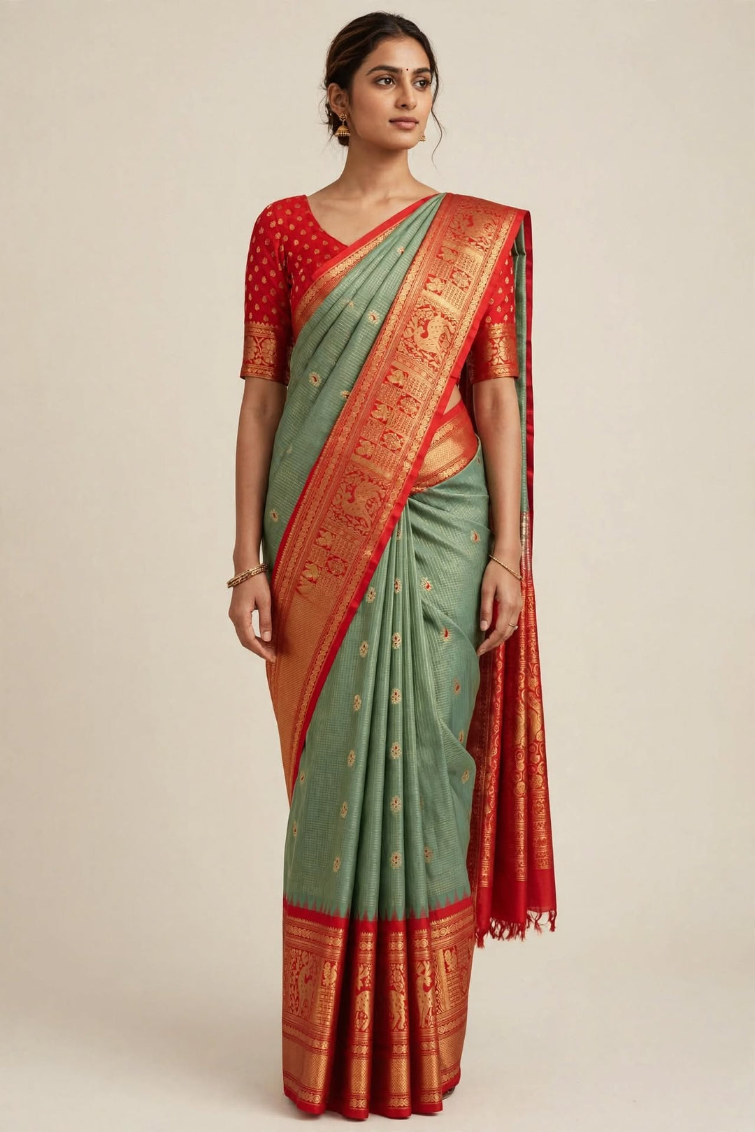 Sage Green &amp; Red Banarasi Silk Saree