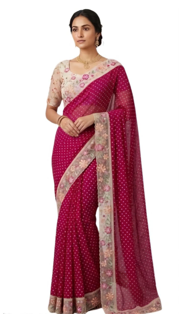 Wine Pink Floral Printed Saree