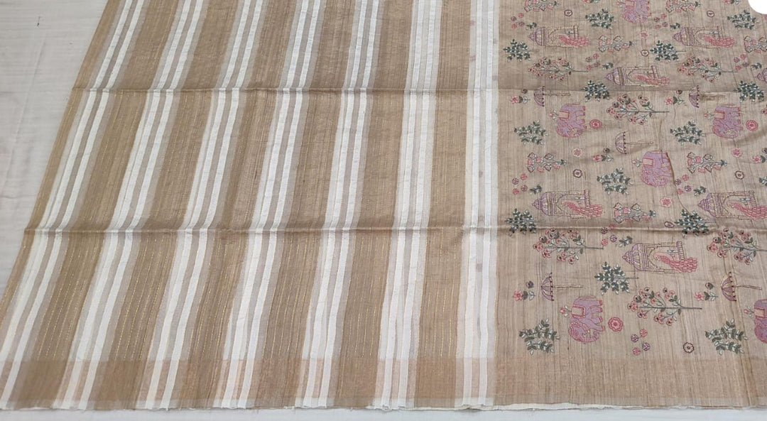Beige Striped Printed Pallu Saree
