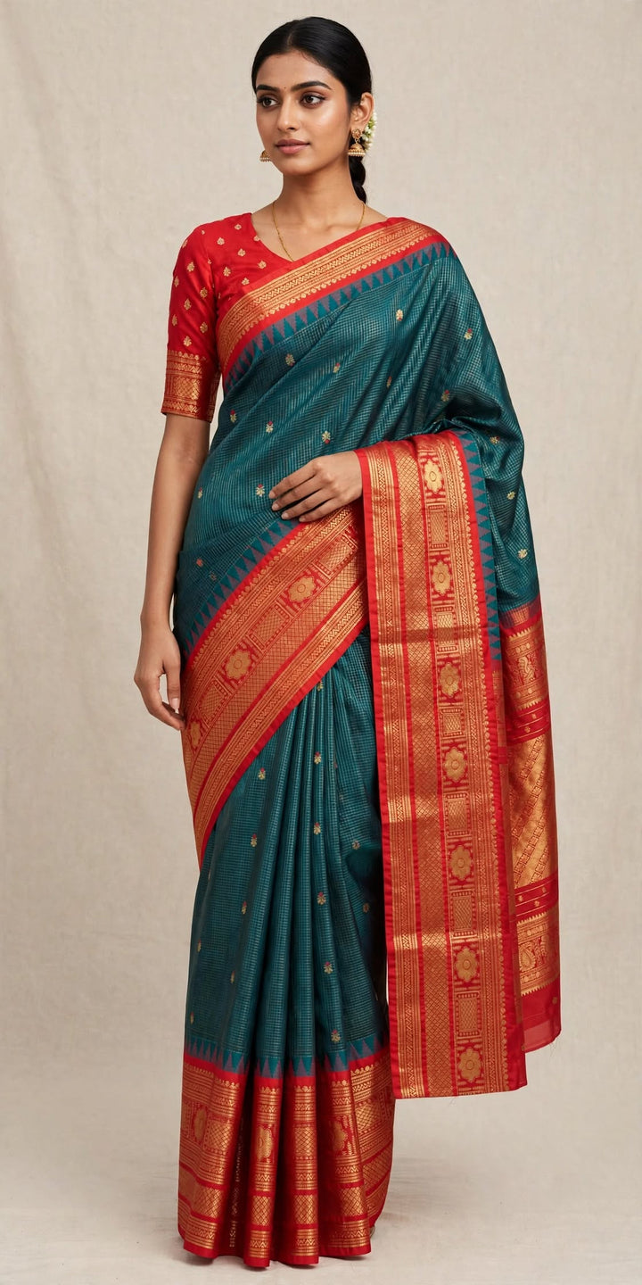 Teal Blue &amp; Red Zari Saree