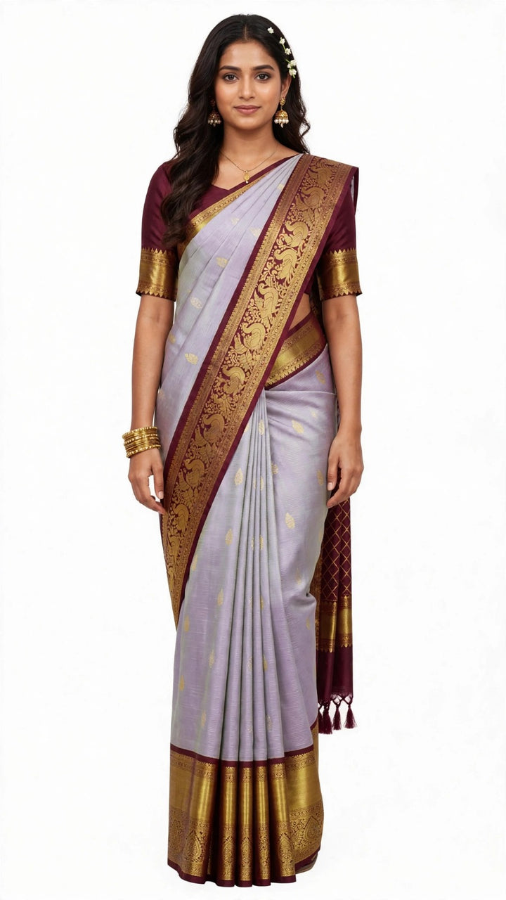 Lavender &amp; Maroon Kanjivaram Silk Saree