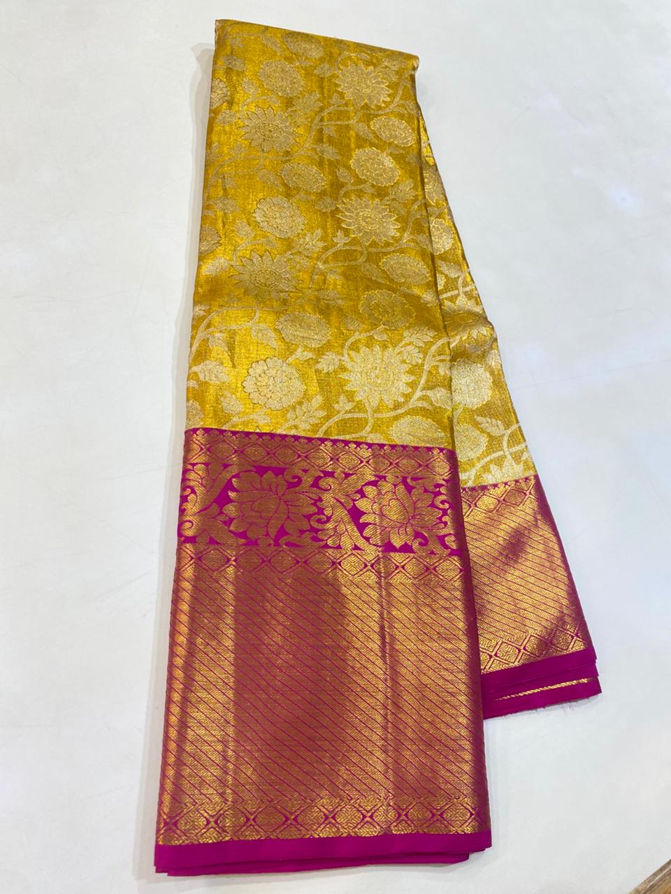 Mustard Yellow &amp; Magenta Banarasi Silk Saree