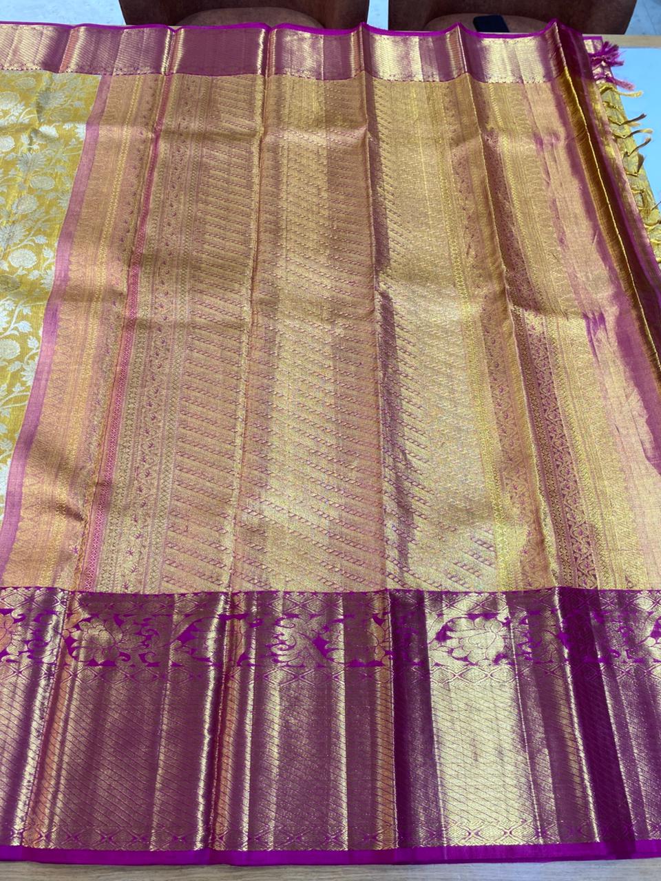 Mustard Yellow &amp; Magenta Banarasi Silk Saree