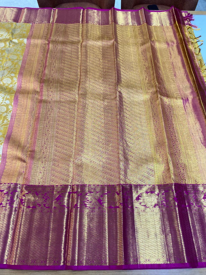 Mustard Yellow &amp; Magenta Banarasi Silk Saree