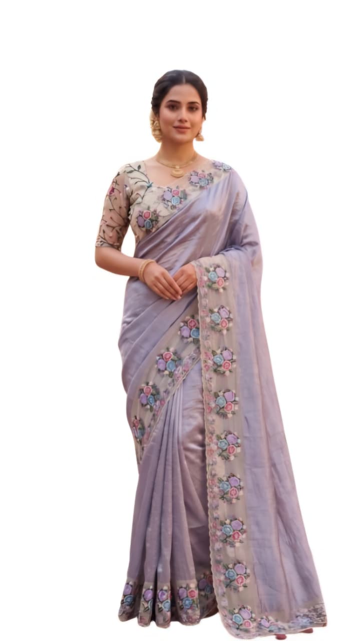 Lavender Floral Embroidered Saree