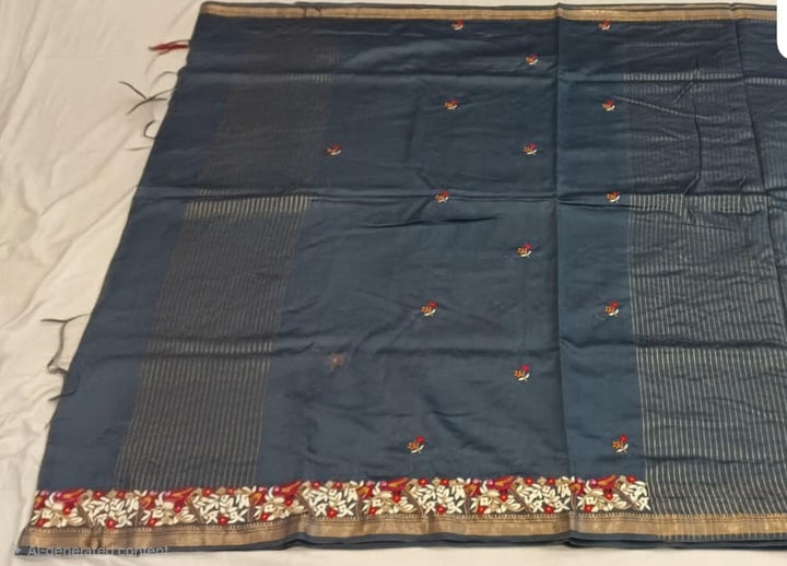 Slate Blue Floral Border Saree