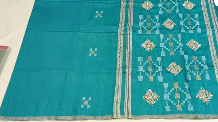 Teal Blue Geometric Printed Saree