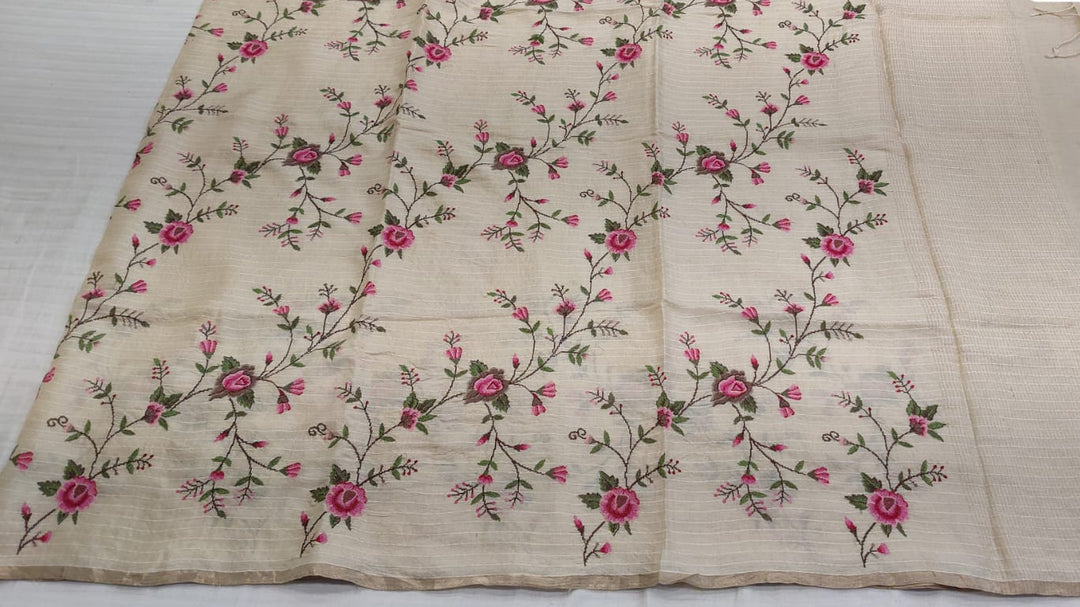 Cream Floral Embroidered Saree