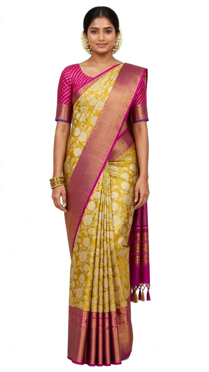 Mustard Yellow &amp; Magenta Banarasi Silk Saree