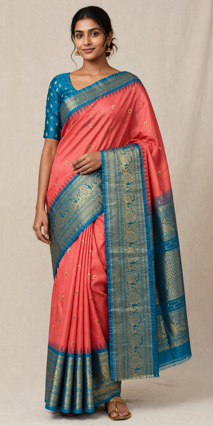 Coral Pink &amp; Teal Blue Zari Saree