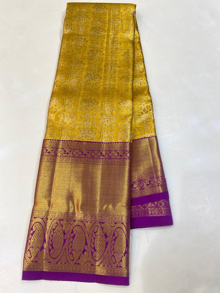 Golden Yellow &amp; Purple Banarasi Silk Saree