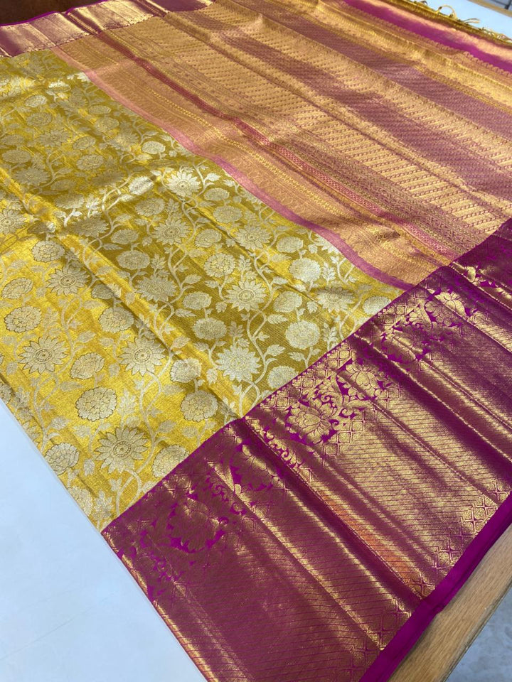 Golden Yellow &amp; Purple Banarasi Silk Saree
