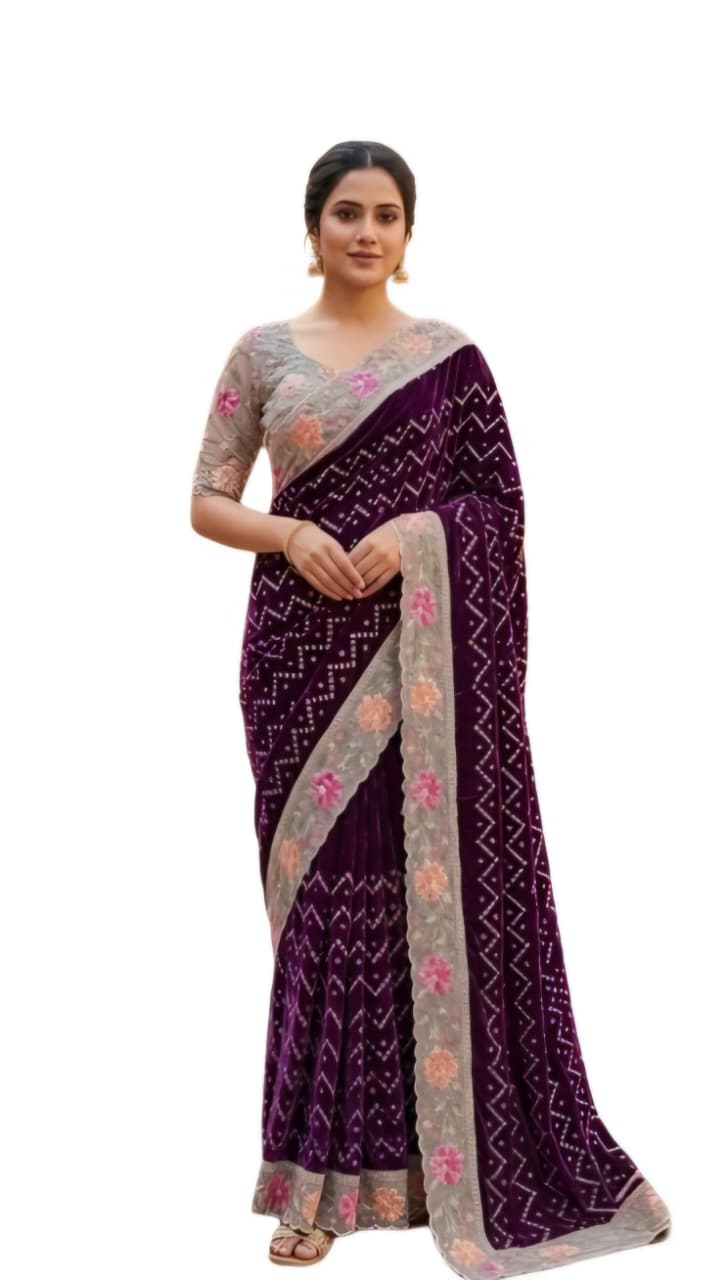 Deep Purple Geometric Floral Border Saree